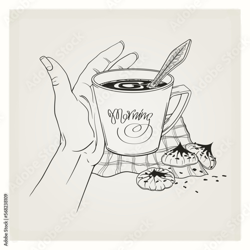Hand with a cup of coffee, chocolate chip cookies, checkered napkin. Morning lettering, font design. Hand drawing, line art, sketch, outline, isolated. Poster, banner, blog post. Vector illustration.