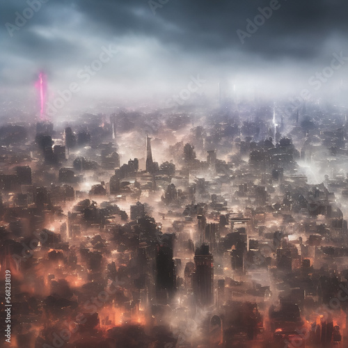 Abstract fictional scary dark wasteland city background looking down on cityscape thick mist