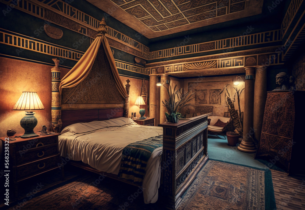 Editorial photography of hotel bedroom interior in the style of ancient ...