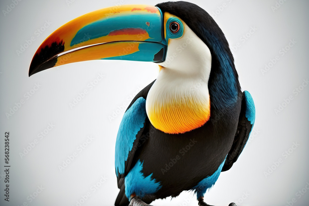 Naklejka premium Ramphastos toucan, with beak open, isolated on white. Generative AI