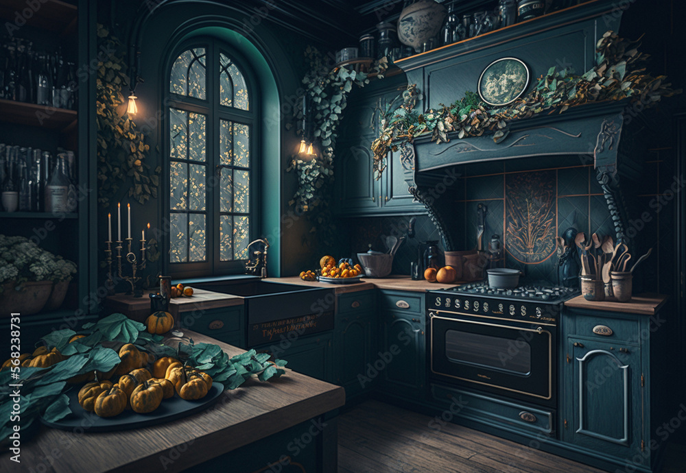 Editorial photography of kitchen interior in the style of Gothic