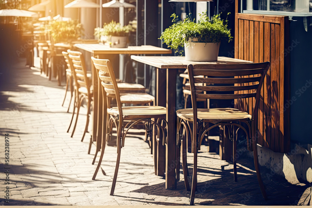 outside wooden tables and chairs in a street cafe. Vertical frame. Generative AI
