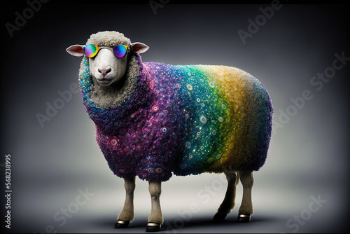 Created with Generative AI technology. Creative happy sheep animal in disco clothes dancing on the party.