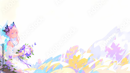 Una hermosa joven parada en un campo de flores y mariposas, IA Generativa © Tyrael
