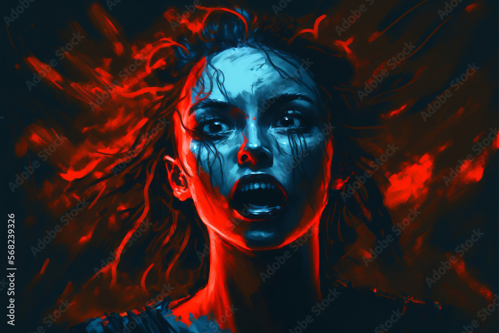 A portrait of a screaming woman with red and blue light. This is not a real person. Generative AI illustration
