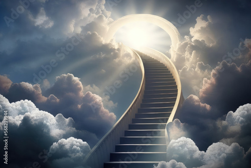 Canvas-taulu Cloud Stairway Leading To Heavenly Light. Generative AI