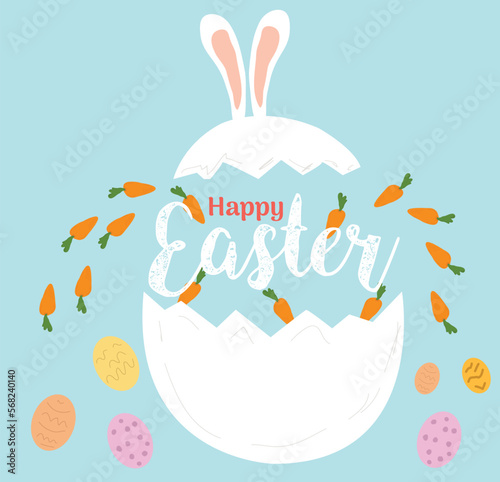 Happy Easter banner, poster, greeting card. Trendy Easter design with typography, bunnies, flowers, eggs, bunny ears, in pastel colors. Modern minimal style