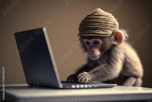 Cute baby monkey in brown hat is working on laptop. 