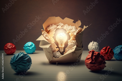 Concepts of creativity and ideas with a ball and lamp made of crumpled paper. Go outside the box. business remedy. Generative AI