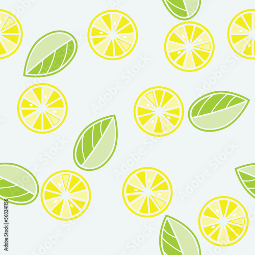 Lemon slices and leaves, cartoon vector seamless pattern