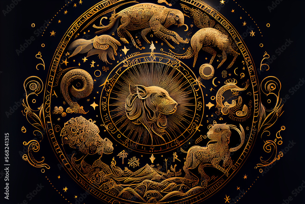 Leo zodiac sign astrological concept background with zodiac cirle. image of the zodiac Leo with a symbol and star scheme. High quality ai generated illustration.