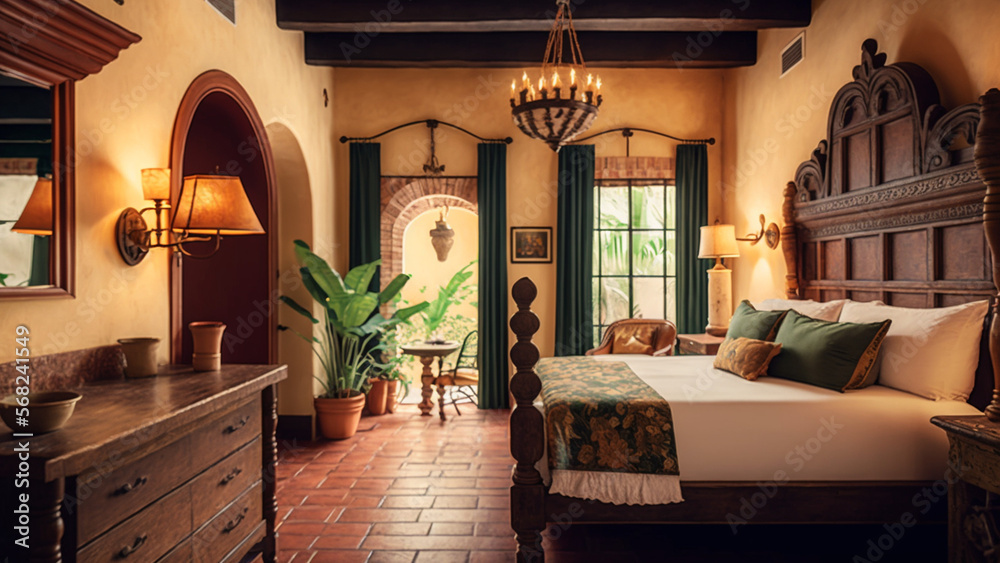 Editorial photography of hotel bedroom interior in the style of Spanish