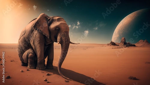 Lonely Elephant on Mars Missing Home Explore the feeling of solitude and longing with our stunning image of a Lonely Elephant on Mars  missing its home. Perfect for creative projects  this visually po
