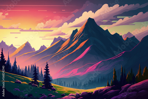 In the rocky mountains, a sunset scene depicts a grassy meadow, tall peaks, and a foggy valley under a vibrantly colored evening sky. Generative AI © AkuAku