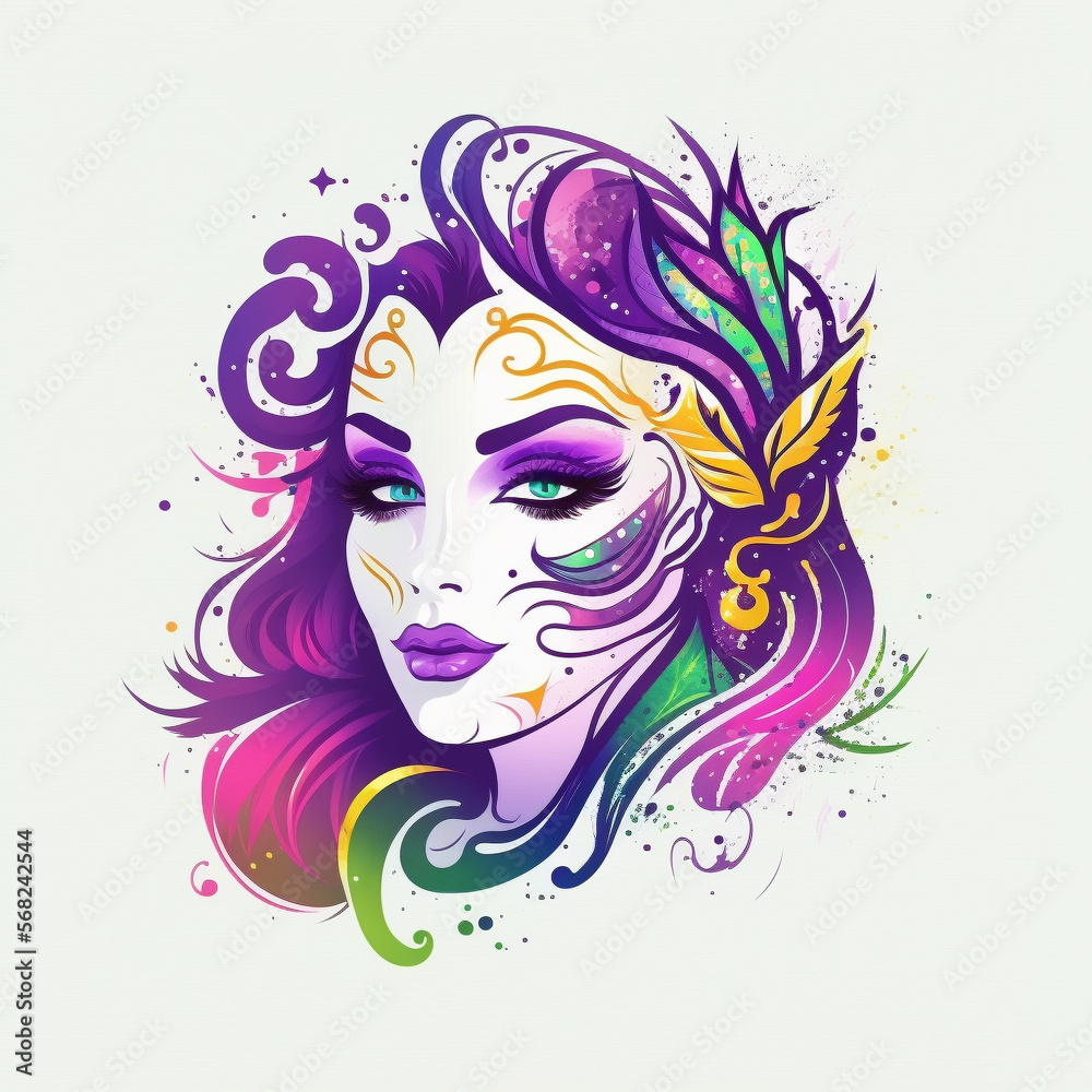 Mardi Gras Mask Illustration, Woman's Face Logo, Colorful Mask, Watercolor. Generative AI Mardi Gras Mask Illustration, Woman's Face Logo, Colorful Mask, Watercolor. Generative AI