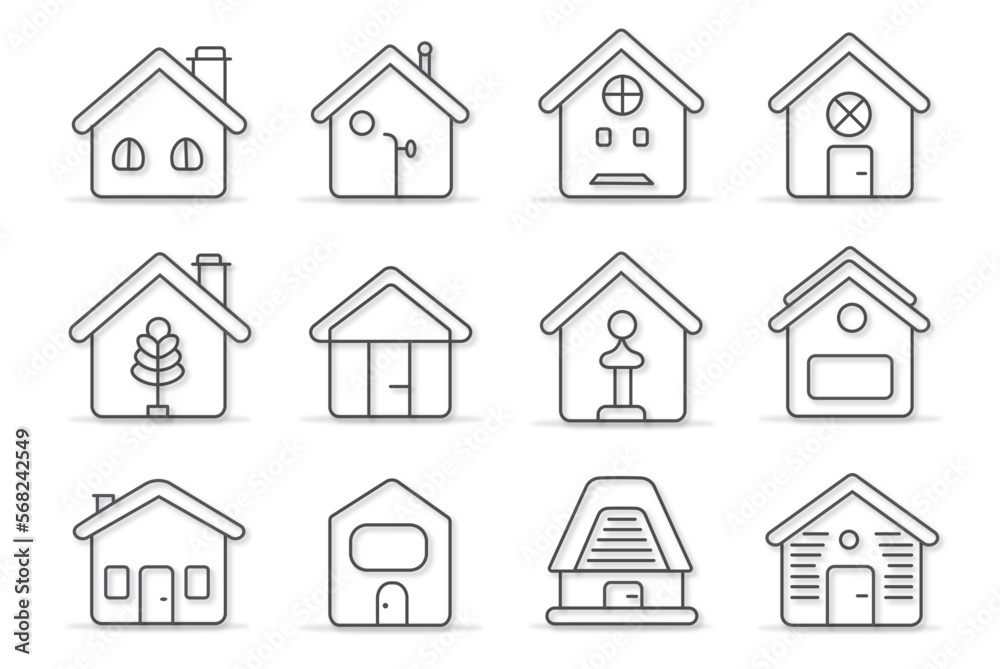 Set of house icons, minimalist designed pictograms grey