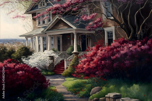 Illustration of an old house with a beautilful spring garden. Watercolors painting. photo