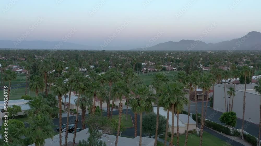 Aerial drone flight above palm trees in a suburban neighborhood in Palm Springs. Aerial drone flight above palm trees in a suburban neighborhood in Palm Springs.