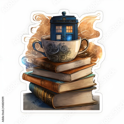 Obraz na plátně sticker art stack of books Steaming cup of tea tardis no background intricate de