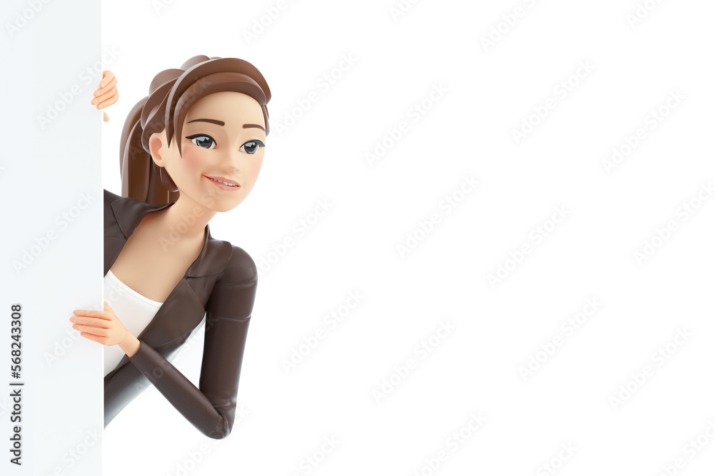 3d cartoon woman peeking out from behind wall 3d cartoon woman peeking out from behind wall