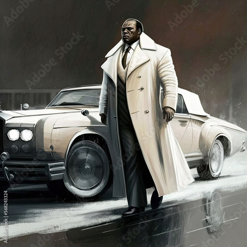 African American mafia guy wearing white coat in front of luxury car, generative ai