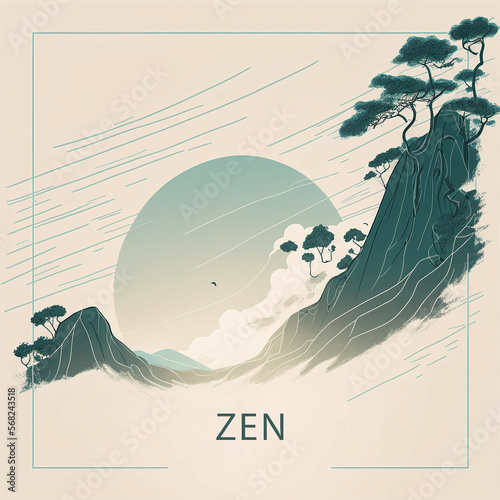 Japan minimalistic zen line landscape illustration, Generative AI