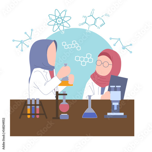 Two Muslim girls, dressed in their traditional attire, are holding science kits, showcasing their interest and passion for science