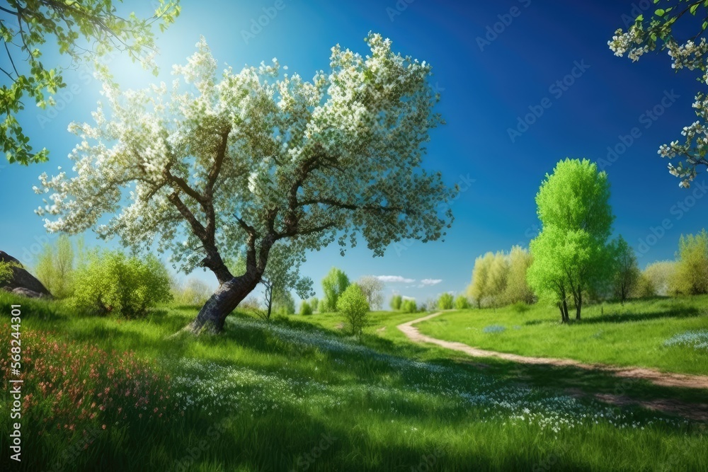Fototapeta premium Beautiful spring background nature with blooming glade, trees, and blue sky on a sunny day. Ai Generative.