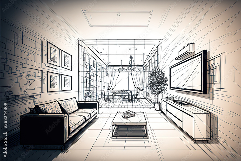 Interior sketch representation of. wireframe design. Lines are split ...