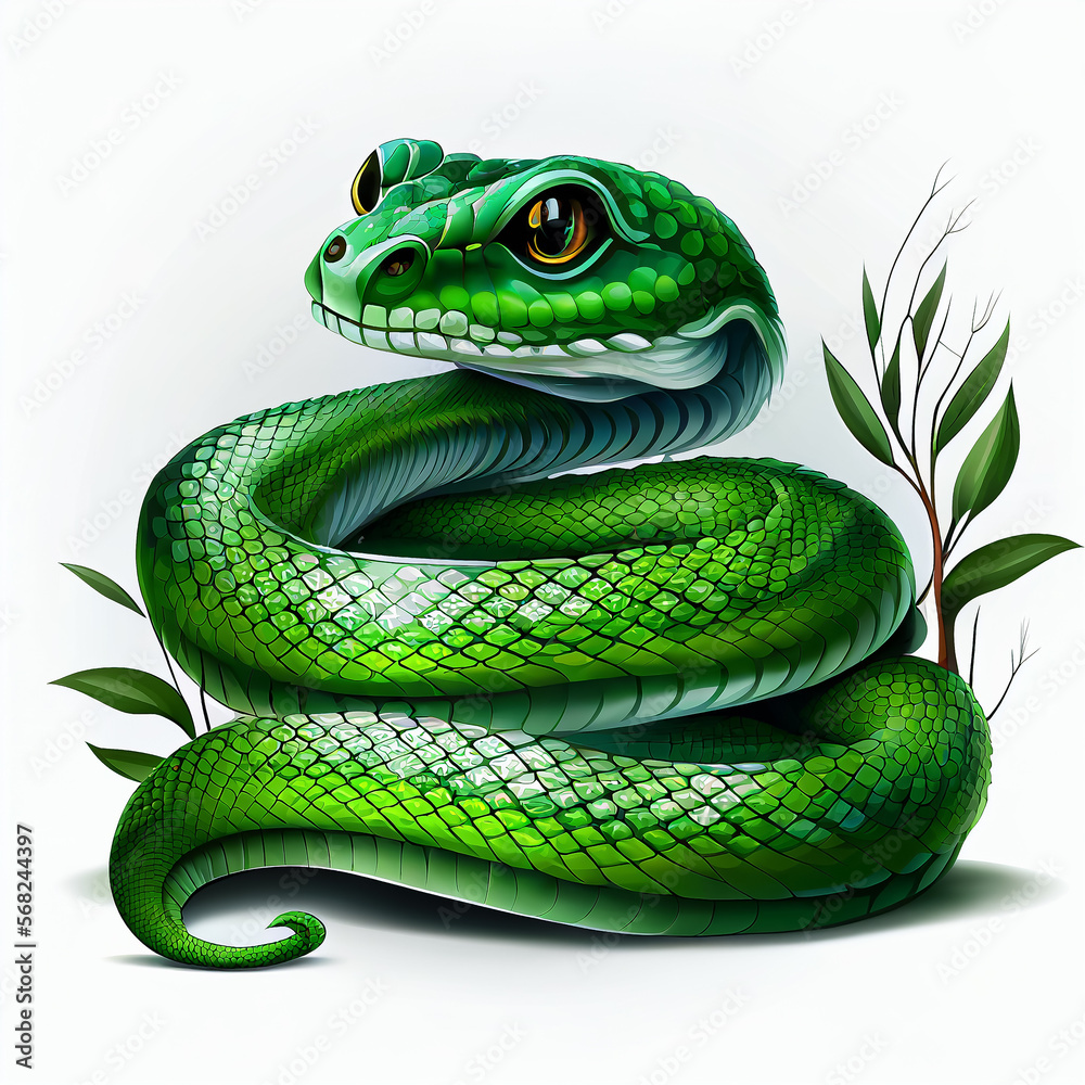 Fototapeta premium Cartoon of a green snake on white background