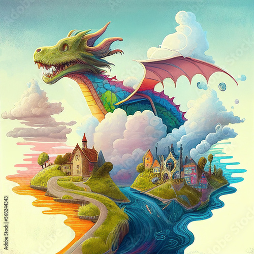 Magical city with a river and a colorful dragon © raquel