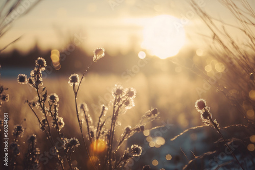 Defocused image of dried grass and flowers in a meadow in the strong golden rays of the sun in the winter, spring, or fall with highlights and lens flare on a helios lens hazy background of sky