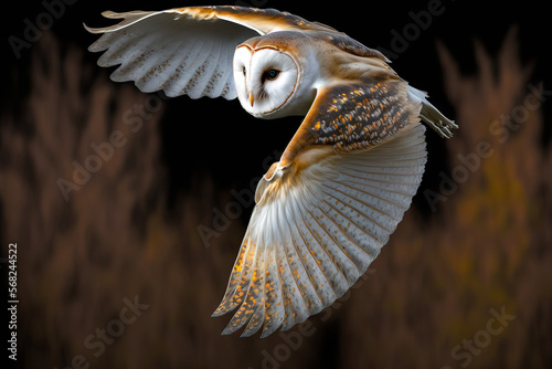 Barn Owl hunting while in flight. An image of wildlife from a wild forest. bird in flight, an alba. Generative AI