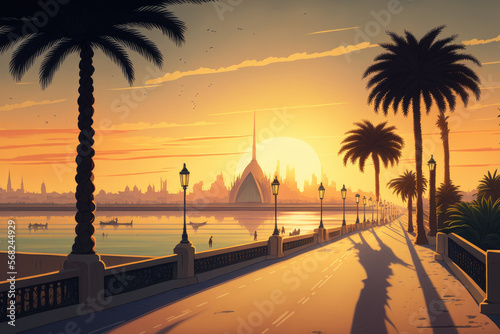 Saudi Arabia's Dammam Al Khobar Corniche offers stunning sunrise views. Generative AI photo