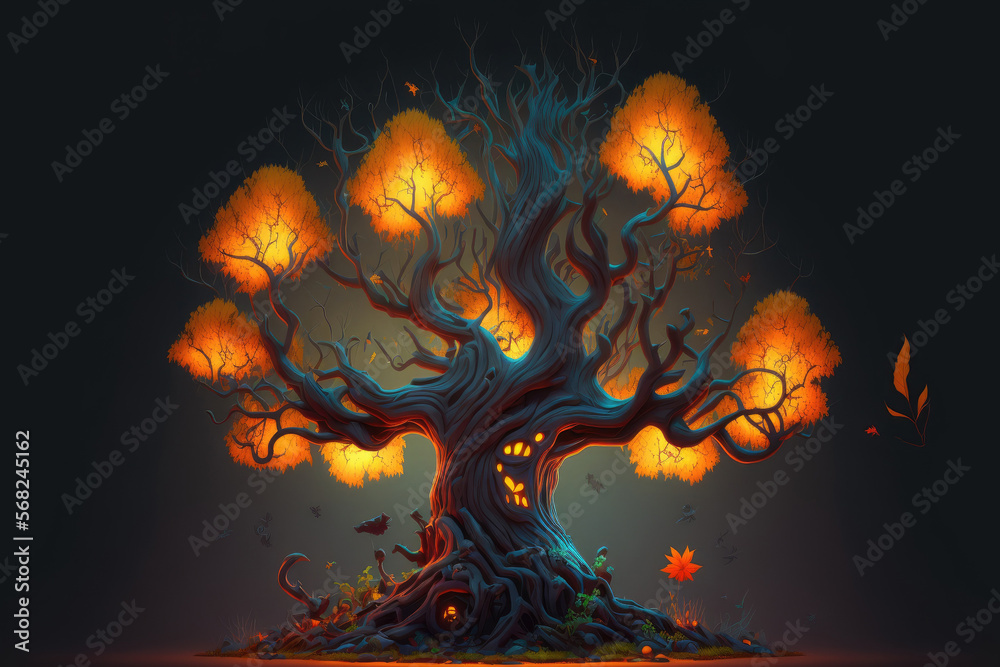 fog covered fairy tree a large, old magical tree with orange leaves. mystical, foggy autumn forest. Drawing in raster format of a magical woodland. Generative AI fog covered fairy tree a large, old magical tree with orange leaves. mystical, foggy autumn forest. Drawing in raster format of a magical woodland. Generative AI
