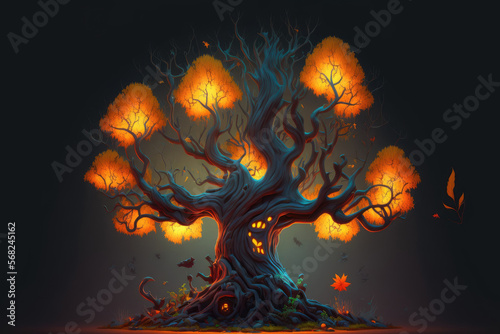 fog covered fairy tree a large, old magical tree with orange leaves. mystical, foggy autumn forest. Drawing in raster format of a magical woodland. Generative AI