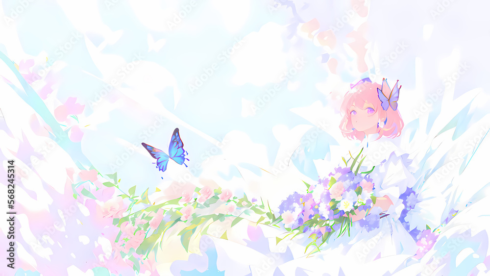 Una Joven Bella con Flores y Mariposas Mirando al Horizonte, IA Generativa