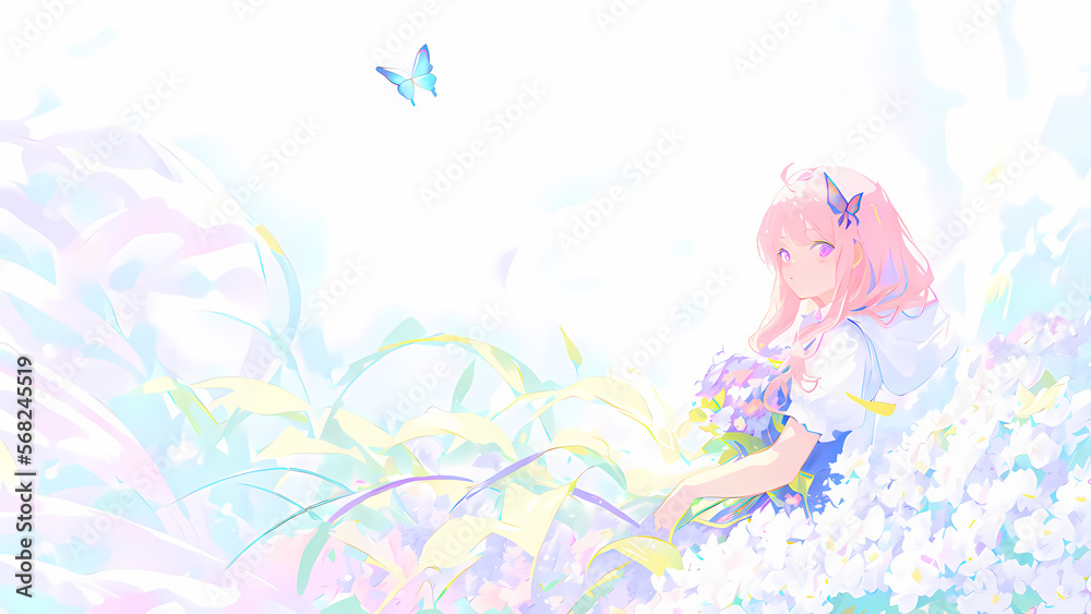 Una Joven Bella con Flores y Mariposas Mirando al Horizonte, IA Generativa Una Joven Bella con Flores y Mariposas Mirando al Horizonte, IA Generativa