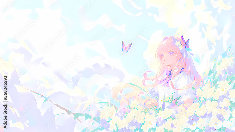 Una Joven Bella con Flores y Mariposas Mirando al Horizonte, IA Generativa Una Joven Bella con Flores y Mariposas Mirando al Horizonte, IA Generativa