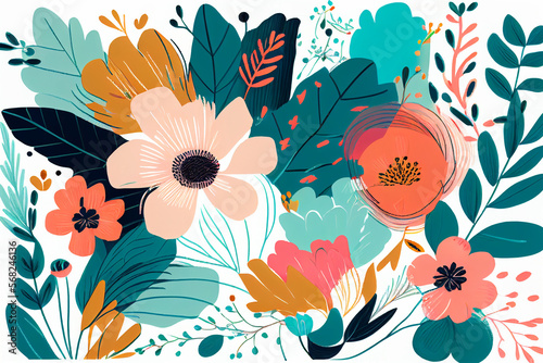 background image with pink, cyan and orange flowers made with Generative AI