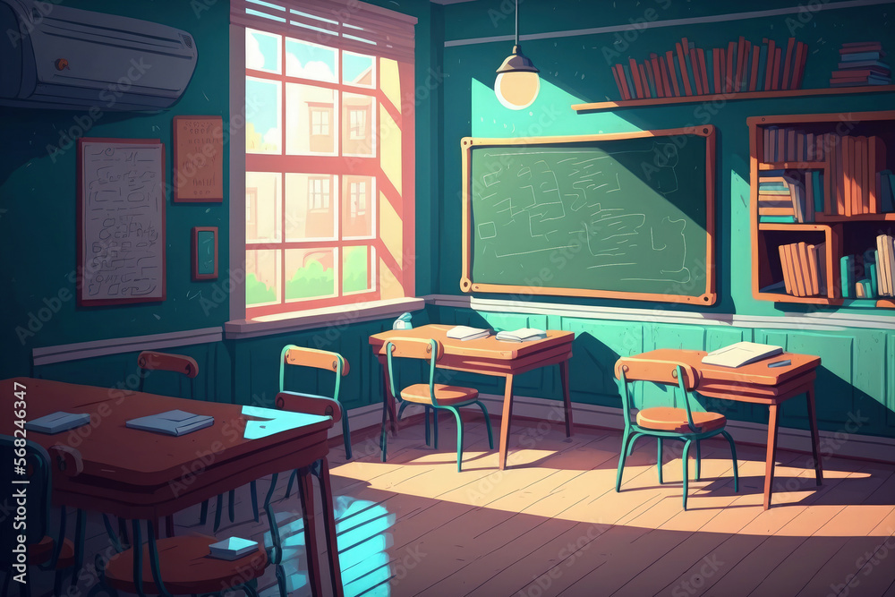 School empty classroom with school desks and blackboard in school. Back to school. Education concept. Generative AI