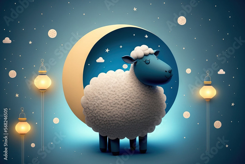 On a blue background, an adorable cartoon sheep has a lantern on the moon. Islamic notion of a holiday. Generative AI
