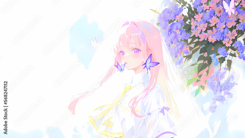 Una hermosa mujer con un vestido de boda parada junto a un árbol con flores mariposas volando, IA Generativa