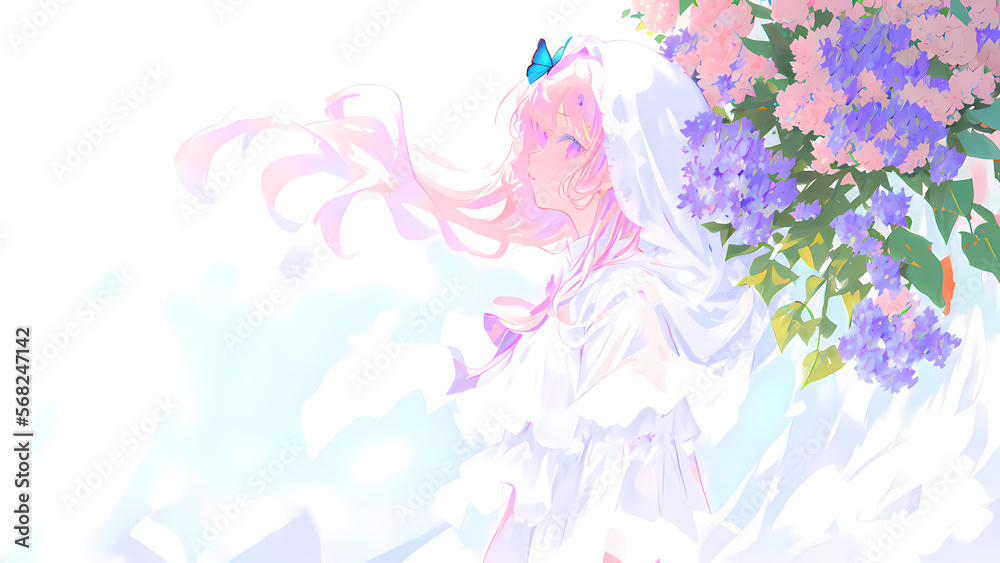 Fototapeta premium Una hermosa mujer con un vestido de boda parada junto a un árbol con flores mariposas volando, IA Generativa