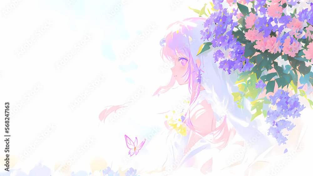 Una hermosa mujer con un vestido de boda parada junto a un árbol con flores mariposas volando, IA Generativa