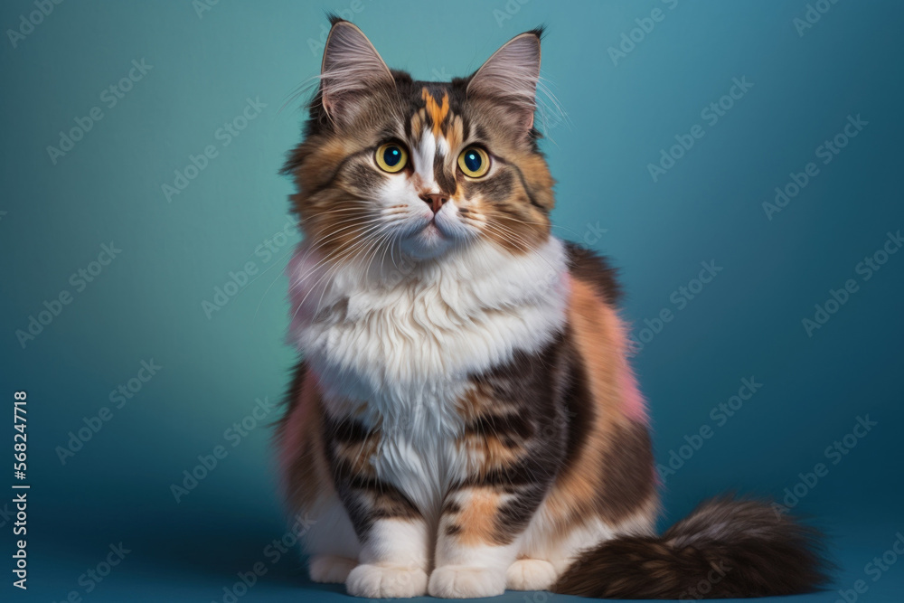Front view of a fluffy cat facing the camera against a blue background. Young calico or torbie cat with long hair sitting in front of a colored background with copy space. female kitten aged 10 months - obrazy, fototapety, plakaty 