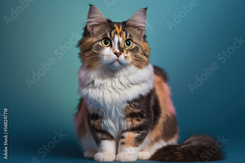 Front view of a fluffy cat facing the camera against a blue background. Young calico or torbie cat with long hair sitting in front of a colored background with copy space. female kitten aged 10 months photo