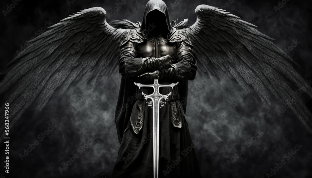 Dark warrior angel with medieval sword. fantasy background. digital ai art - obrazy, fototapety, plakaty 