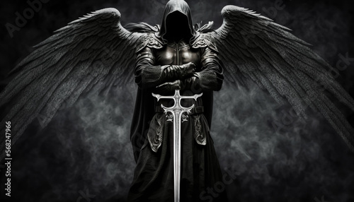 Fotografie, Obraz Dark warrior angel with medieval sword