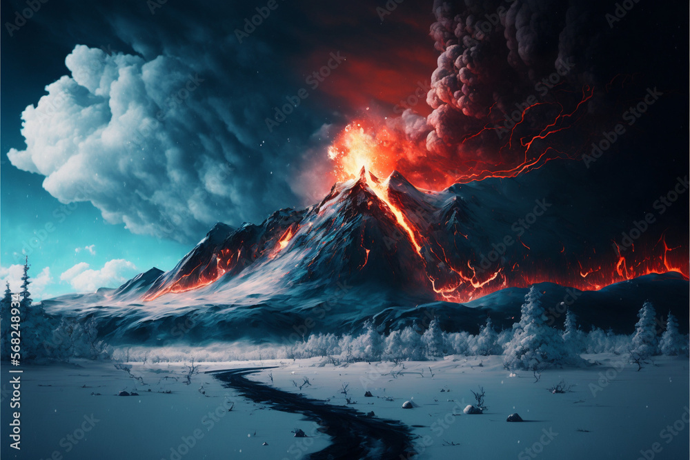 Beautiful Vulcan eruption, Vulkan thunderstorm, Storm, Lightning bolt, river, Snow